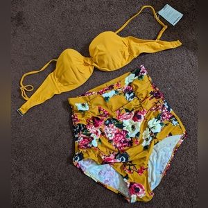 Pinup 2 piece swimsuit in deep orangey yellow with floral print, size 8